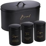 Hacaroa Set of 4 Bread Box and Canister Set for Kitchen Countertop, Metal Bread Bin Sugar Tea Coffee Storage Canister with Lid, Biscuit Tin Set for Loaf, Pastry, Dry Food, Black