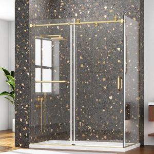LENPHILVEE 60" W x 32" D x 76" H Corner Shower Door Frameless Sliding Shower Glass Door, SGCC 3/8" & 5/16" Tempered Glass, Dual Coating, Stainless Steel, Leak-Proof, Gold, Shower Base Not Included