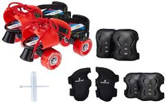 Amazon Brand - Symactive Roller Derby Wheel Skates Combo Kit, Ultra-Durable, Adjustable, for 6 to 14 Years (Unisex, Red Skates with Knee Guard, Elbow Guard, Wrist Guard, Key)
