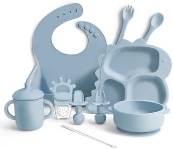 Set di stoviglie per bambini, utensili per bambini, accessori per bambini, con piatto di dinosauro, bavaglino, tazza, ventosa, forchette, cucchiai, dispenser di frutta, spazzola per la pulizia (blu)