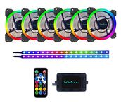 Apevia ST6P2-RGB Spectra 120mm Silent Dual Ring Addressable RGB Color Changing LED Fan with Remote Control, 16x LEDs & 8X Anti-Vibration Rubber Pads w/ 2 Magnetic Addressable LED Strips (6+2-pk)