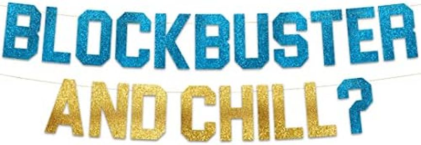 Block Buster and Chill Glitter Banner - Funny Throwback 90's and 80's Theme Party Decoration, Favors & Supplies