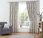 Dreams & Drapes - Natural Floral & Birds Curtains W46 x L54 (117 x 137cm) - 2X Pencil Pleat Curtains - 100% Cotton - 2X Tie Backs - Purple Floral Curtains & Drapes - Vintage Songbirds Curtains