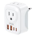 European Travel Plug Adapter, VYLEE PD 20W Type C Adapter with 4 AC Outlets 4 USB Ports(2 USB C), Travel Essentials Charger for US to Most of Europe EU Italy Spain France [1 Pack]