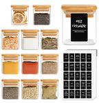 ComSaf 12 Pcs Glass Spice Jars with Bamboo Lids, 4oz/120ml Square Glass Storage Jars with 275 Black Lables, Airtight Spice Jars with Lids, Glass Container for Spice, Salt, Sugar, Seeds, Nuts etc