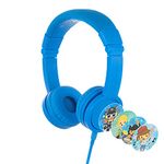 BuddyPhones Explore+, Volume-Limiting Kids Headphones, Built-in Audio Sharing Cable with in-Line Mic, for Kindle, iPad, iPhone, or Android, Cool Blue