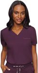 Med Couture Women's V-Neck Scrub Top, Modern Fit Tuck-in Top with Stretchy Rib-Knit Shoulders and Chest Pocket - MC7448, Wine, L