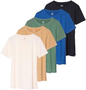 Real Essentials 5 Pack: Women's Short Sleeve Crew Relaxed Active T-Shirt Dry-Fit Yoga Top with Split Hem (Available in Plus), Set 4