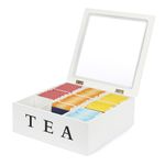 Van Henry Wooden Tea Box with 9 Compartments Tea Caddy - Tea Bag Storage Organiser Box White - 21.5 x 21.5 x 8.5 cm