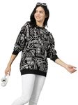 RodZen Oversized | Loose Fit |Full Sleeves Cotton Loopnet Round Neck Printed T-Shirt for Womens/Girls (Black, S)