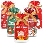 Shintop Christmas Treat Bags Drawstring, 50PCS Cute Holiday Goodie Bags Plastic Gift Pouches Reusable Party Favors Supplies for Sweets Cookies