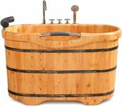 OGOLOUG Cedar Wood Soaking Tub for Adults, Freestanding Wooden Bathtub with Built-In 5-Piece Faucet Set, PU Headrest, Stainless Steel Handrail, Pop-Up Drain and Drain Hose (NW, 63.0 in)