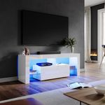 ELEGANT White TV Unit Gloss 140cm TV Stand Cabinet with LED Lights Modern TV Entertainment Unit with 2 Glass Shelves and Drawer Handleless Design TV Cabinets for Living Room