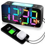 Dynamic RGB Mirror Alarm Clock for Bedroom, 15-Color Mode/7" Large LED Display/3 Dimmer + OFF, 7 Color Nightlight,2 USB Phone Charger,5-Level Loud Volume,12/24H,Electric Rainbow Clock for Teen,Elderly