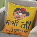 TheYaYaCafe Poly Satin Mummy Ji Tussi Great Ho Printed Mother-in-Law Cushion with Filler (Yellow, 12x12 inches)