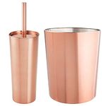 mDesign Round Metal Modern Compact Freestanding Plastic Toilet Bowl Brush and Round Wastebasket Garbage Can Combo Set for Bathroom Storage - Sturdy, Deep Cleaning - Set of 2 - Rose Gold