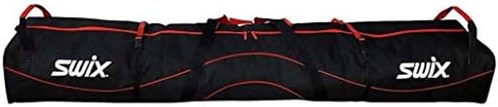 Swix Double SKI Bag - Padded with Wheels- Adjustable Size to 215cm - 2 Pairs of Alpine - 8+ Pairs of Nordic Skis - Super Tough 900 Denier, Red - Black, 215cm Max (SW27)