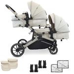 My Babiie MB33 Tandem Pushchair – Birth to 15kg Double Stroller, Twin Seat Units Convert to Carrycot, 11 Configurations, Duo Includes Car Seat Adapters, Rain Covers – Ivory