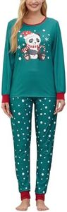 VENTELAN Womens Christmas Pajama Set Long Sleeve Pajamas Top and Pants Crew Neck 2 Piece Pjs Lounge Set Soft Sleepwear,Green Panda,XS