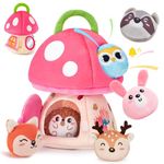 hahaland Montessori Baby Toys 6-12 Months - Mushroom House with Stuffed Jungle Animals Toys for Babies with Rattle & Mirror, Sensory Toys for Babies Boy Girl Birthday Gifts, Travel Toys for Toddlers 1-3