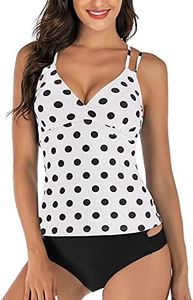 HAIVIDO Women's V Neck Tankini Set Criss Cross Back Tankini Top with Bikini Bottom Two Piece Bathing Suits White Polka Dot S