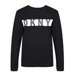 DKNY Men's Long Sleeved Top, Designer Loungewear with Branded White Contrast Chest Printed – Black, M