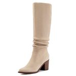 Athlefit Womens Knee High Chunky Heel Boots Faux Suede Pointed Toe Side Zipper Boots, Apricot, 7