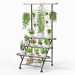 iDavosic.ly 3 Tier Hanging Plant Stand Indoor Outdoor, Metal Large Plant Ladder Flower Shelf with Wheels for Multiple Plants, Tiered Corner Plant Bench Tall Display Rack, Black