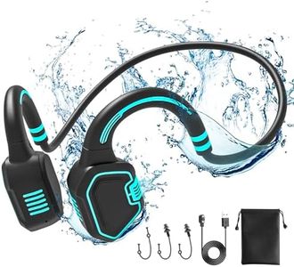 FJX Bone Conduction Waterproof Swimming Headphones - IP68 Waterproof Swimming Headphones Inductive Open Ear Wireless Bluetooth Sports Headset with MP3 Play 32G Memory for Running Swimming (Blue)