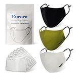 Euroca - Cloth Face Mask, Non-Woven Cotton Face Masks, Washable & Reusable Face Masks, Face Mask Set, Adjustable Face Mask With Filter Sheets (PM2.5), Black, Grey & Green, Set of 3, Men