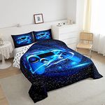 Feelyou Games Comforter Video Game Gaming Comforter Set for Kids Boys Girls Gamer Blue Galaxy Swirl Bedding Set Gamepad Action Buttons Decor Quilt Set with 2 Pillowcases 3Pcs Bedding Queen,Reversible