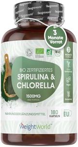 Bio Spirulina & Chlorella 3 Monate Vorrat 1500mg Pulver nur in 2 Kapseln Zertifizierte Zutaten 180 Vegane Kapseln - Super Greens ohne Zusätze Alternative zu Presslinge WeightWorld