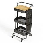 DTK 3 Tier Metal Utility Rolling Cart with Table Top and Side Bags, Metal Tray Storage Organizer Cart with Wheels, Art Craft Cart with 4 Hooks for Kitchen Bathroom Office Living Room (Black)