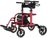 WALK MATE 2 in 1 Rollator Walker Transport Chair for Seniors, 10” Wheels Medical Rollator for Seniors with Widen Seat Backrest, Detachable & Adjustable Footrests Folding Walker Wheelchair Combo, Red