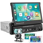 Single Din Touch Screen Car Stereo with Apple Carplay, Rimoody 7 Inch Flip Out Bluetooth Android Auto Car Radio FM Radio TF/USB/AUX Mirror Link Car MP5 Player + Backup Camera