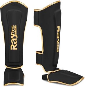 Raytos Muay Thai Shin Guards - MMA Kickboxing Leg Instep Protective Pads, Martial Art Sparring Gear for BJJ Karate Boxing Taekwondo Training, Men Adults Kids Children (B&Gold, M)
