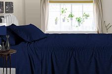 SATEEN BEDDING STORE 3 PC Extra Soft Flat Bedsheets Set- 600 Thread Count- Flat Bedsheet & Pilllow Cover- Soft and Brathable & Wrinkle Free Cotton Bedsheets- Navy Blue Stripe, King Size