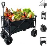 XCJump Foldable Camping Wagon Cart, Folding Beach Trolley Cart for Outdoor, Picnic, Garden Transport, Shopping, Big Wheel, Loading 180kg (Black)