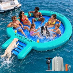 CALOBANA 10FT Water Hammock with Ramp, Inflatable Round Floating Ring with Ladder for Adults Pets, Heavy Duty Floating Dock with Dog Ramp Cup Holder Tanning Raft for Lake, River, or Boat Party