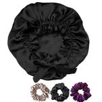 Candibella Women Satin Silk Bonnet For Hair With 3 Premium Scrunchies, Adjustable Silk Hair Cap For Sleeping, Satin Bonnet For Curly Hair With Ribbon Tie Band, Satin Hair Wrap (Black)