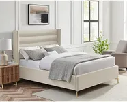 Inspired Home Kacie Headboard Upholstered Wingback Channel Tufted Oblique Legs Slats Included Velvet Queen Size Cream White