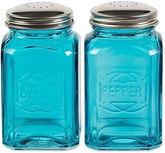 RSVP International Jumbo Retro Glass Salt & Pepper, Screw On Stainless Steel Lid, Each Shaker Holds 8 Ounces, 2.25x2.25x4.8, Turquoise