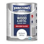 Johnstone’s - Quick Dry & Non Drip Gloss Paint for Wood & Metal - Brilliant White | Interior & Exterior | Low Odour, Water-Based Formula, Dry in 1-2 Hours | 10m2 Coverage per Litre | 750ml