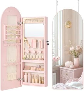 SONGMICS Wide Jewelry Organizer, LED Jewelry Cabinet Wall/Door Mounted, Arched Mirror with Storage, Lockable, Rounded Corner, Interior Mirror, 3.9 x 16.5 x 42.5 Inches, Jelly Pink UJJC020SA01S
