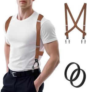 MISAKTEAM 2 Clips Side Mens Suspenders Heavy Duty Big And Tall Camel Suspenders for Jeans X-Back Suspender Adjustable Elastic Braces for Formal and Casual Wear