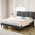 Molblly Queen Bed Frame Upholstered Platform Bed with Headboard and Solid Wood Slats No Box Spring Needed Metal Platform, Easy to Assemble Queen Bed Dark Grey