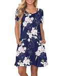 WNEEDU Women's Summer Casual T Shirt Dresses Short Sleeve Swing Dress with Pockets Floral Navy Blue XL