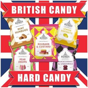 Bonds of London 5 Hard Candy Gift box British Candy Old fashioned Candy Old school English candy Assortment Retro Candy flavors Rhubarb and Custard Mint Humbugs Lemon Sherbet Pear Drops blackcurrant and Liquorice 5 x 120 bags UK Candy Inc Fun Fact Sheet