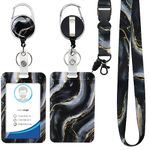 Retractable Badge Holder with Lanyard, ID Card Holder with Reel and Adjustable Lanyards, Name Tag Lanyard Vertical ID Protector Badge Clips for Office Teachers Nurses (Black Marble)