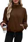 Wenlia Womens Lightweight Sweatshirt Casual High Neck 1/4 Zipper Long Sleeve Drawstring Sweatshirts with Pockets Coffee